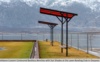 Wishbone Custom Contoured Backless Benches with Sun Shades at the Lawn Bowling Club in Osoyoos BC